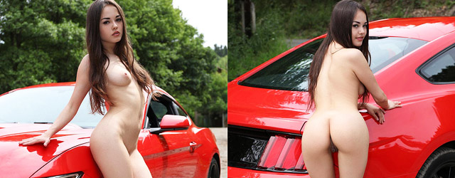 Li Moon Next to a Red Mustang