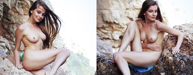 Skinny And Natural Beauty Poses On Rocks