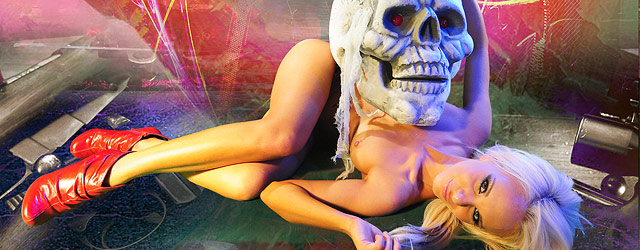 Wild Blonde Girl Denise Posing With A Skull
